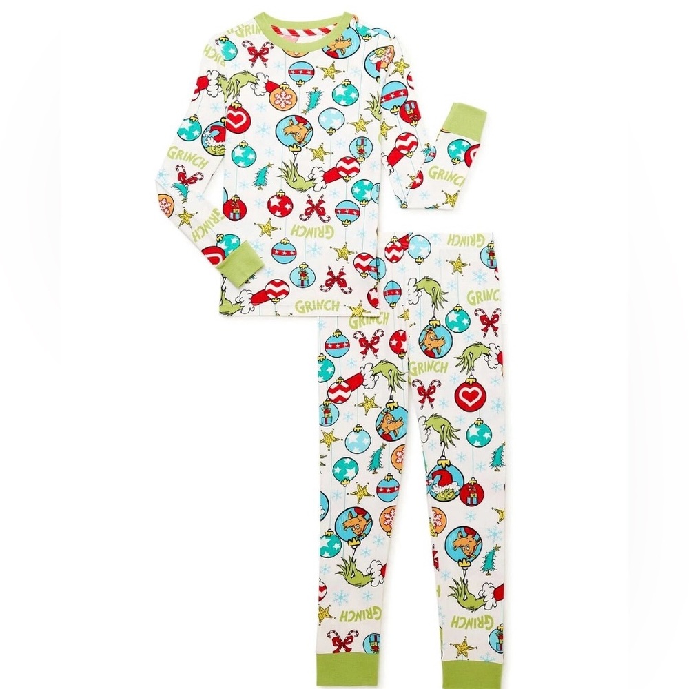 Dr. Seuss The Grinch family Kids Long Sleeve Green and White Pajama Set 2T